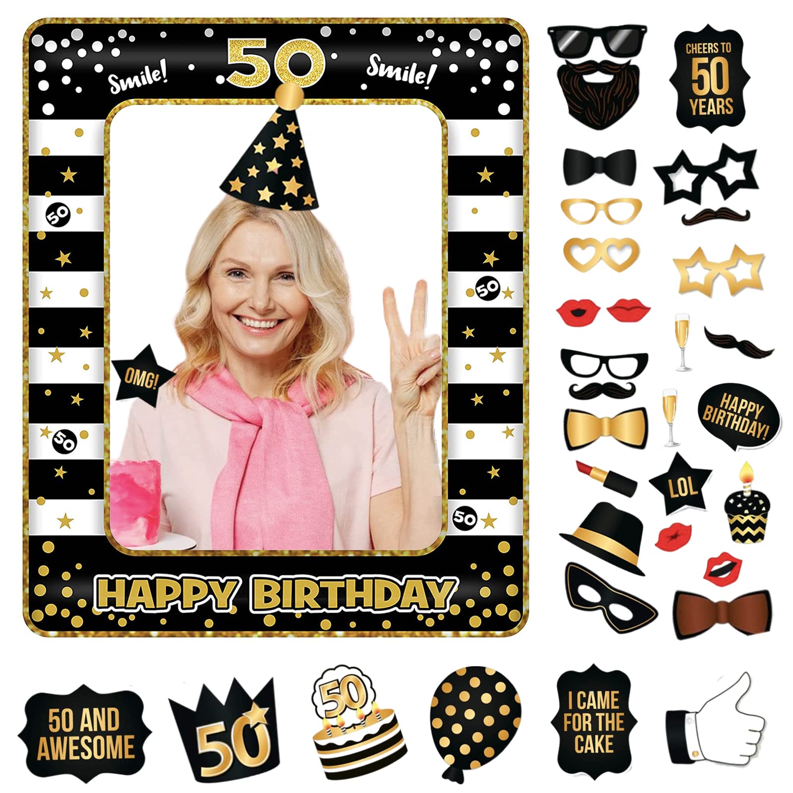 POPOYU 50th Birthday Decorations Ladies Men,Black Gold Inflatable Selfie Frame&34Pcs Photo Booth Props,Giant Party Frame for Men Decorations, years old