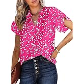 Dokotoo Women's Casual V Neck Alicia Floral Print Smocked Short Sleeve Chiffon Blouses Bohemian Top Shirts