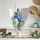 HIN LUNG Premium Tulip Crochet Flower Bouquet Blue Handmade Gifts for Birthday, Anniversary,Wedding, Housewarming (14.9'' Height)