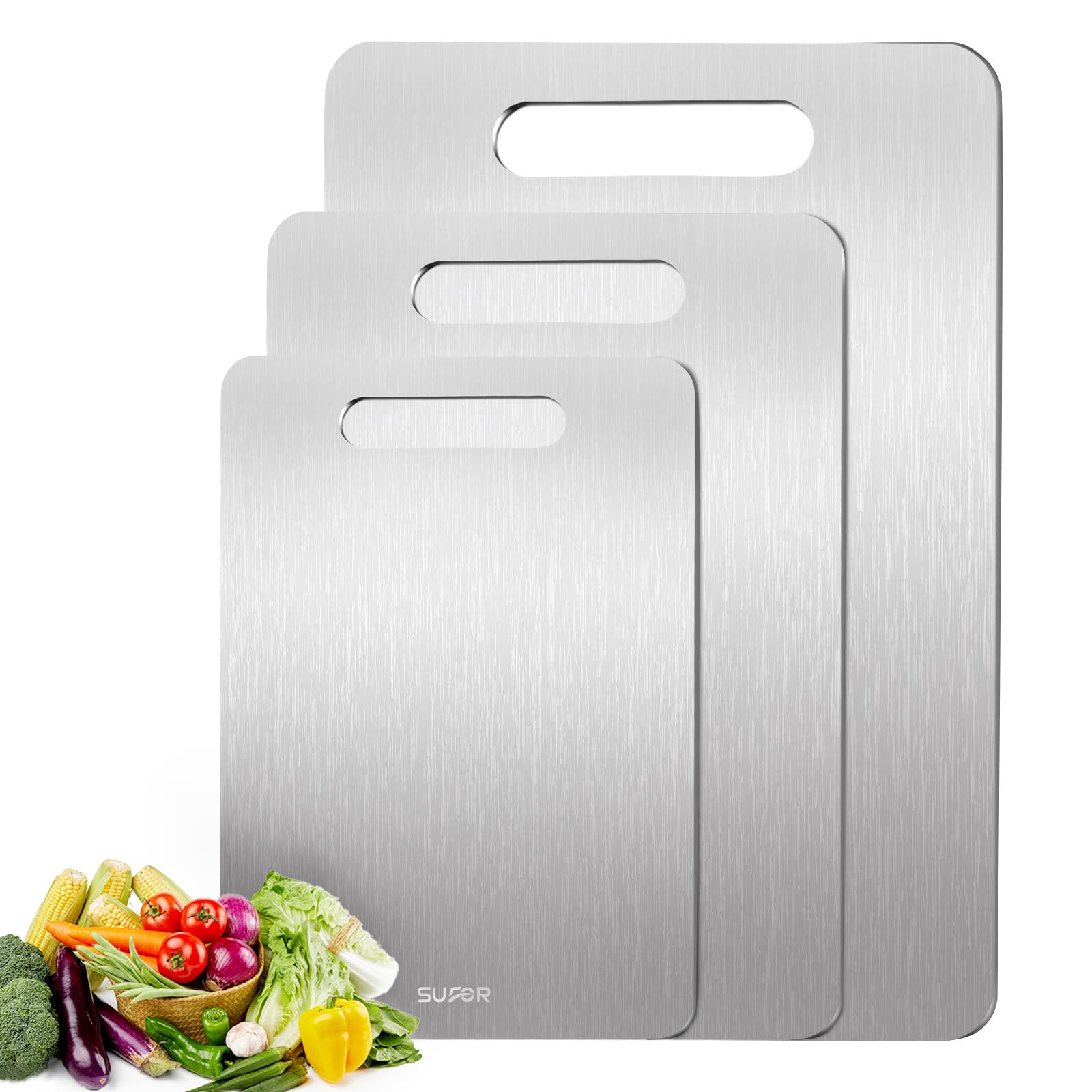 Photo 1 of 3 Pack Titanium Cutting Board, 100% Pure Titanium Cutting Boards For Kitchen, Non-Slip Chopping Board, Dishwasher Safe, Easy to Clean, Durable & Hygienic for Meat, Vegetables, Fruits (M+L+XL)