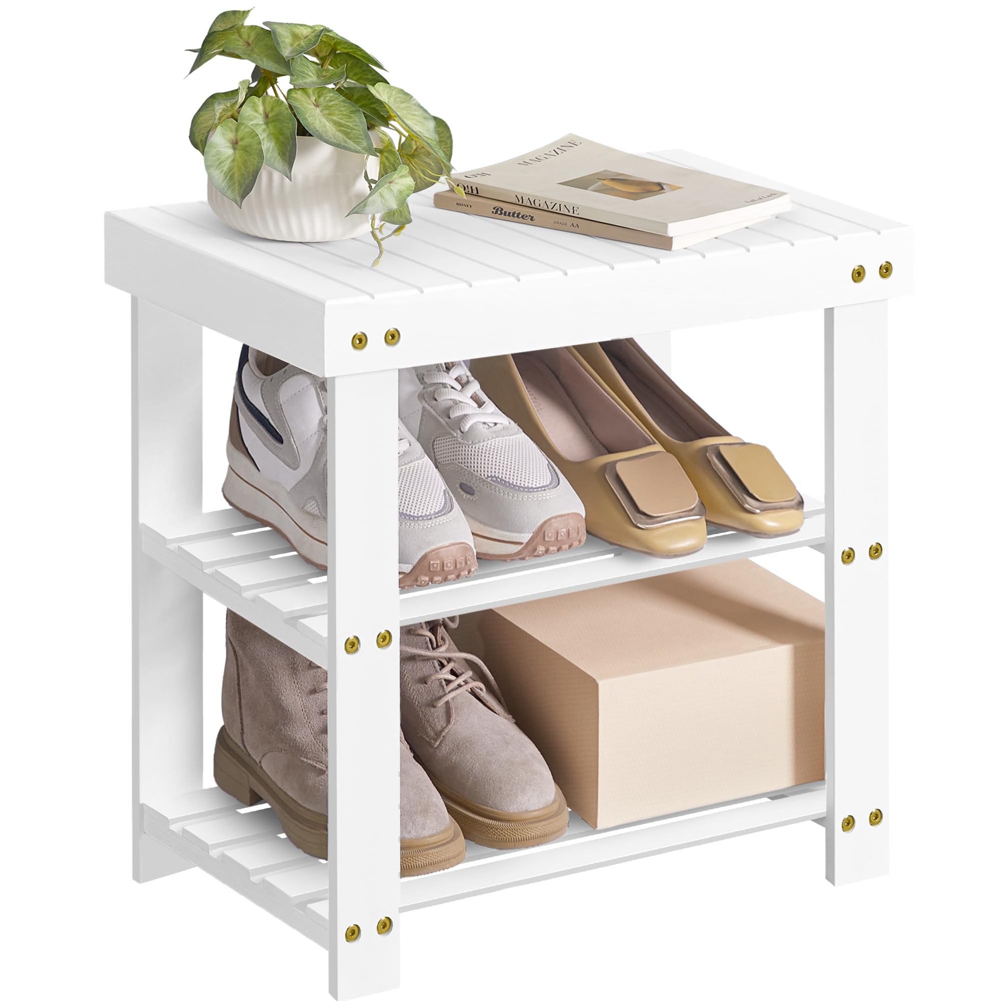Photo 1 of SONGMICS Shoe Rack Bench, 3-Tier Bamboo Shoe Storage Organizer, Entryway Bench, Holds Up to 286 lb, 11.3 x 19.7 x 17.8 Inches, for Entryway Bathroom Bedroom, Cloud White ULBS001W01