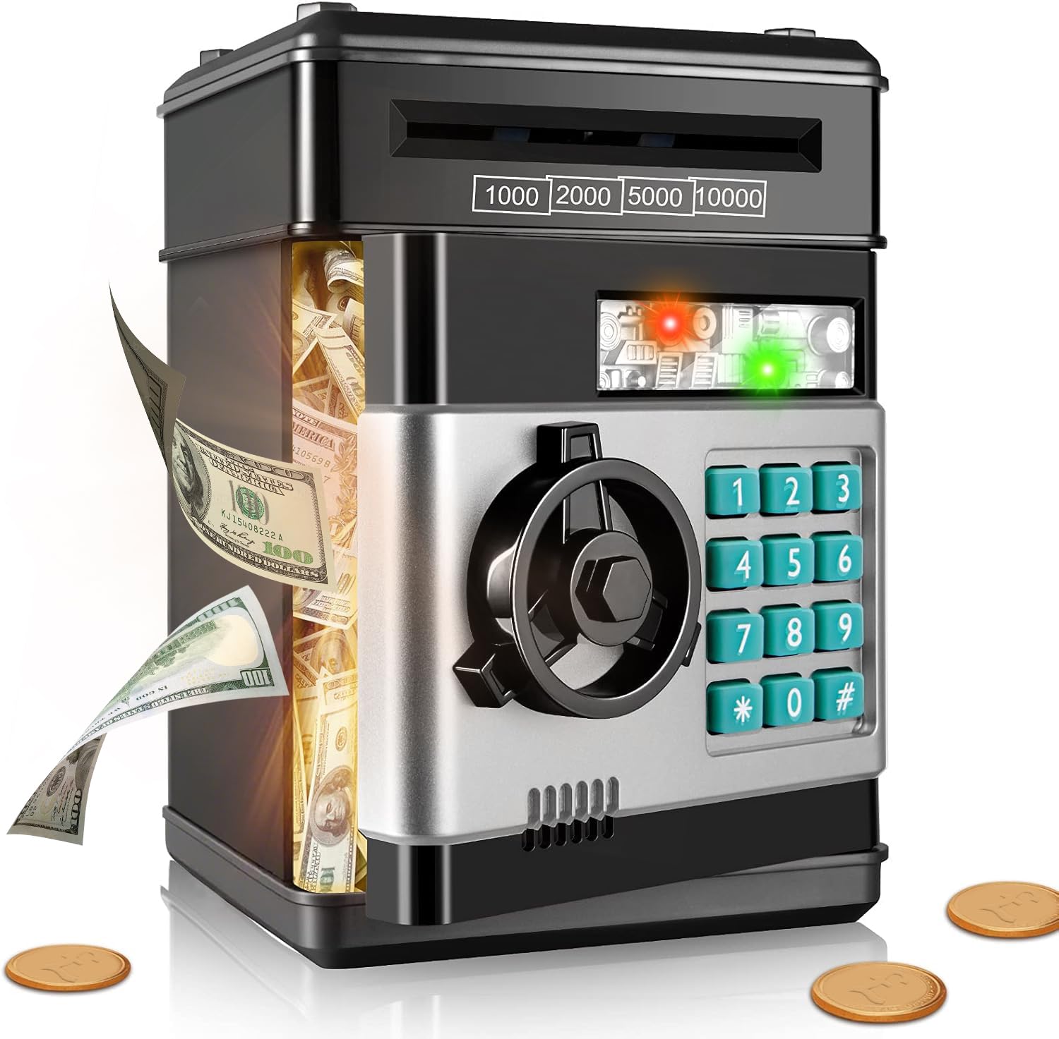 Yellcetoy Money Box for Kids Ages 3-12, Money Bank Piggy Bank for Boys Girls Electronic Password Cash Coin Can Auto Scroll Paper Money ATM Password Money Safe Kids Birthday Xmas Gifts Black โ image 1