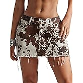 Milumia Women's Cow Print Raw Hem Denim Skirt Y2k Low Waist Summer Festival Mini Skirts