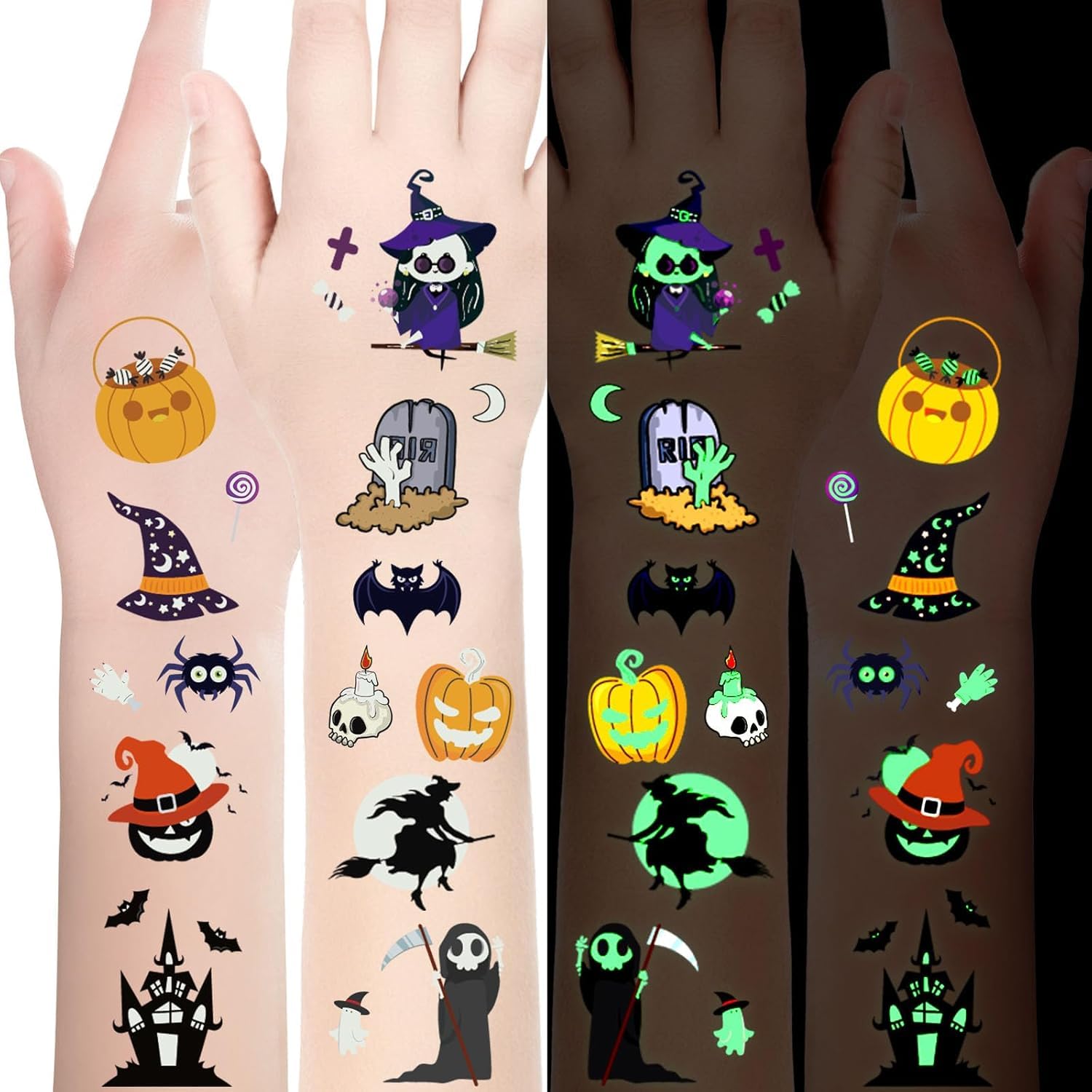 100pcs Temporary Tattoos for Kids & Adults, Glow in Dark & Glitter Fake Tattoos for Halloween Party Decor & Cosplay