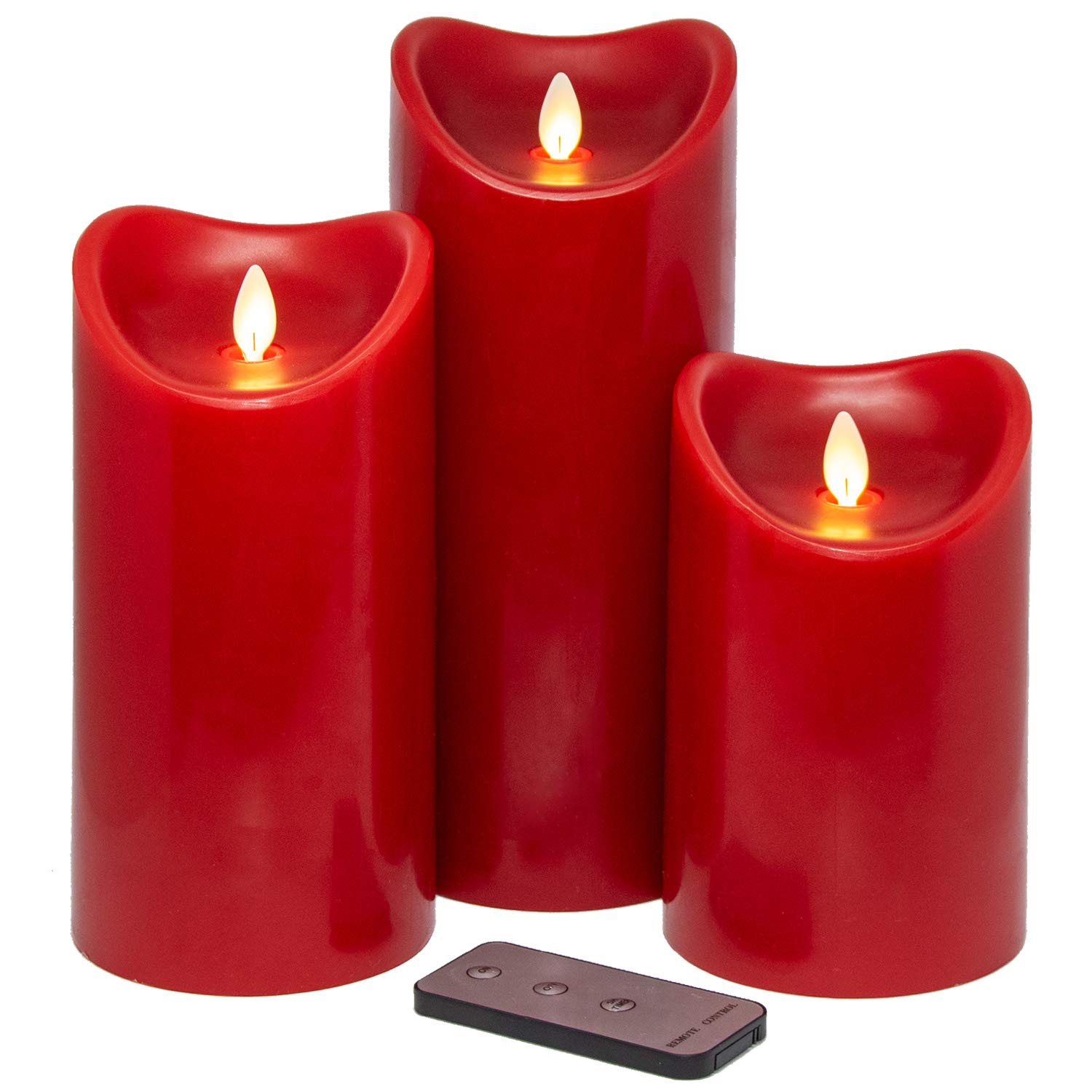 TRONJE Set of 3 LED Candles with Timer and Remote Control - Red Pillar Wax Candles Ø9x15/19/23cm Moving Flame - Battery Operated Burn Time 1000h