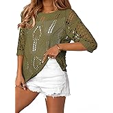 EVALESS Womens Spring Summer Short Sleeve Sweater Casual Crochet Hollow Out Knit Tops Work Business Pullover Shirts for Women Trendy Vacation Outfits Cruise Wear for Women 2026 Green Sweater, Small