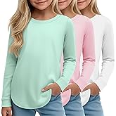 LessonZoo 3 Pack Girls Long Sleeve T Shirts, Kids Casual Crew Neck Shirts Soft Curve Hem Tees Loose Fit Basic Tunic Tops