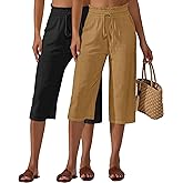 Neer 2 Pcs Women's Linen Wide Leg Capri Pants Beach High Waisted Drawstring Casual Loose Capris Pants with Pockets