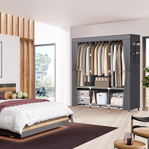 LOKEME WARDROBE CLOSET,PORTABLE CLOSET FOR BEDROOM STEEL PIPE DIAMETER 19MM STRONG AND STURDY GREY PORTABLE CLOSETS FOR HANGING CLOTHES WITH 3 HANGING RODS, 6 STORAGE SHELVES AND SIDE POCKETS