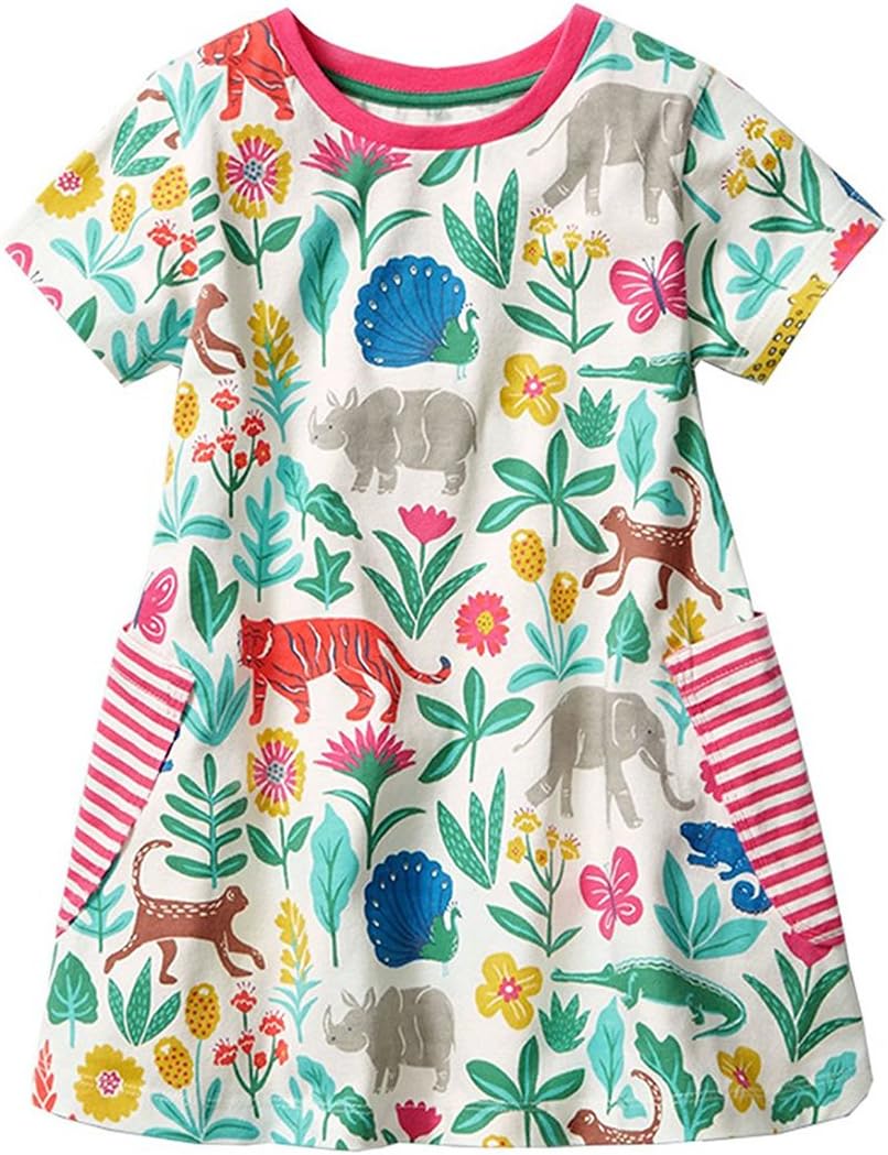 Girls Cotton Dress Short Sleeve Solid Color/Cartoon Printed Casual Cute Summer Tunic Shirt