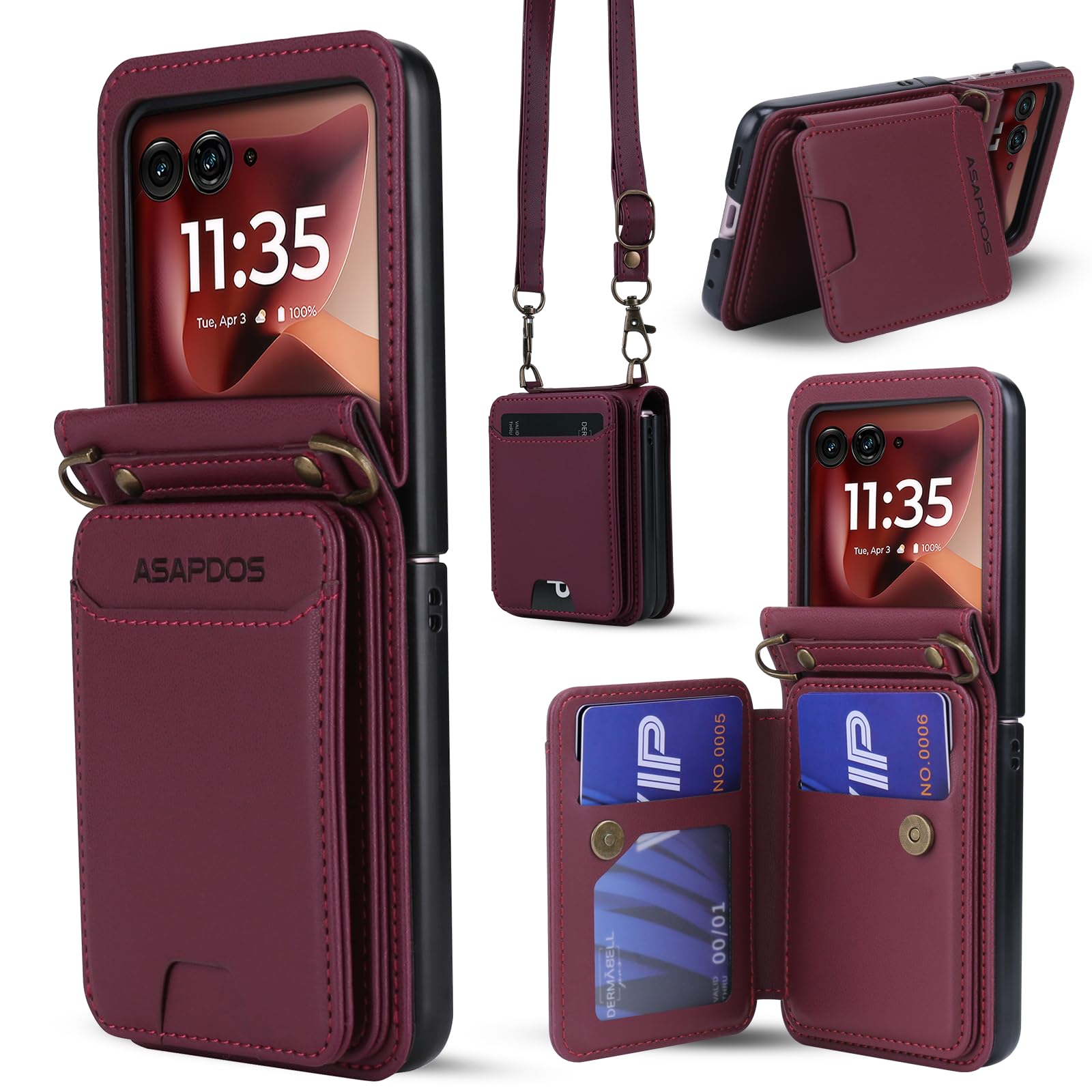 ASAPDOS for Motorola Razr 2025/2024+ Plus Wallet Case - 5 Card Slots RFID Blocking | Detachable Crossbody Strap & Wristlet | Snap Magnetic Cover | Shockproof PU Leather Wine Red