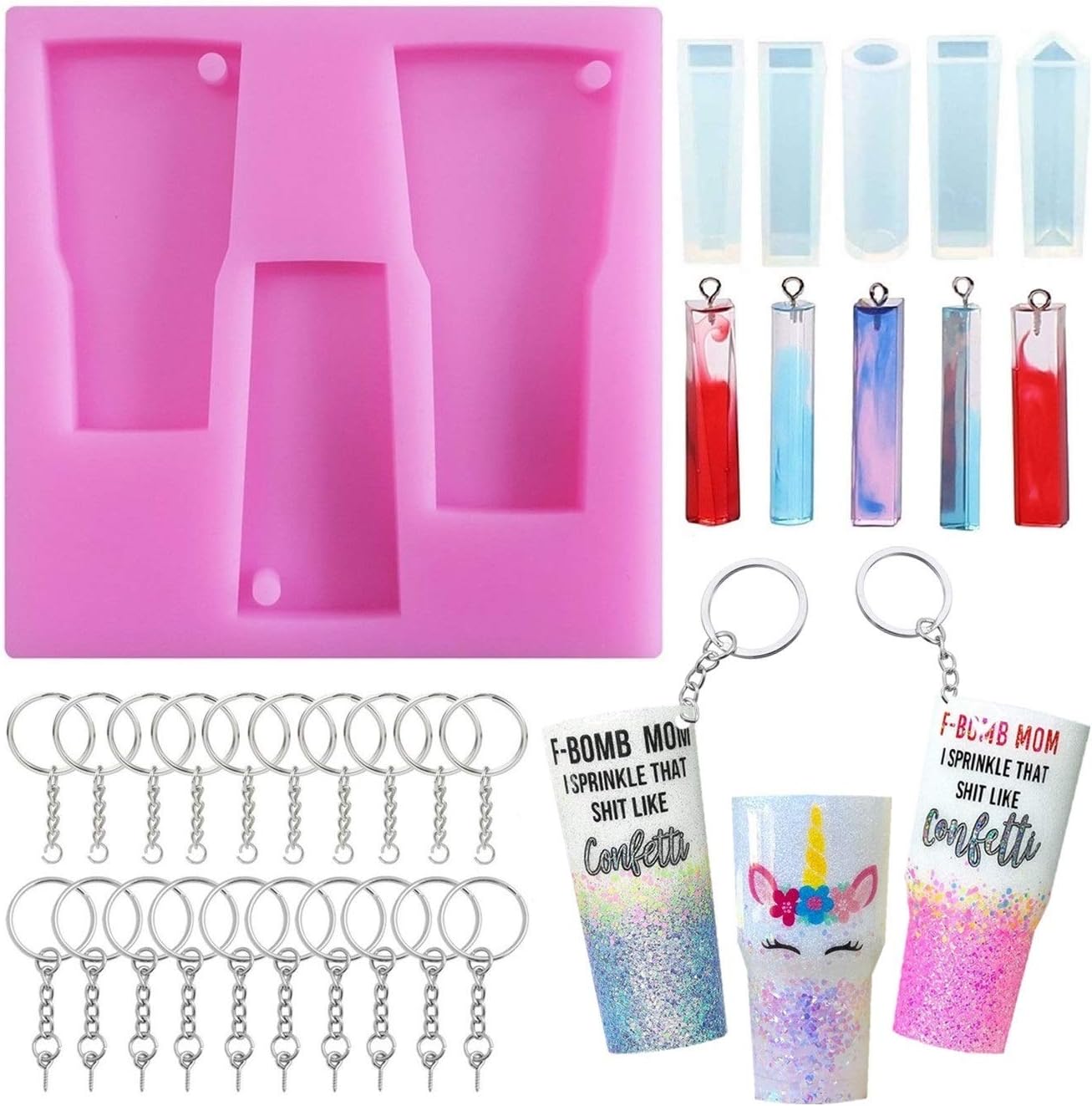 Topus Tumbler Resin Silicone Mold, DIY Water Glass Shape Silicone Tumbler Cup Mold for 3 Different Shape Water Cups, Including 5 Various Shape Pendant Molds with 20pcs Key Chains