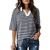 Dokotoo Tops for Women Striped 2025 Fashion Oversized T Shirts for Women Color Block Polo Shirts Basic Tee