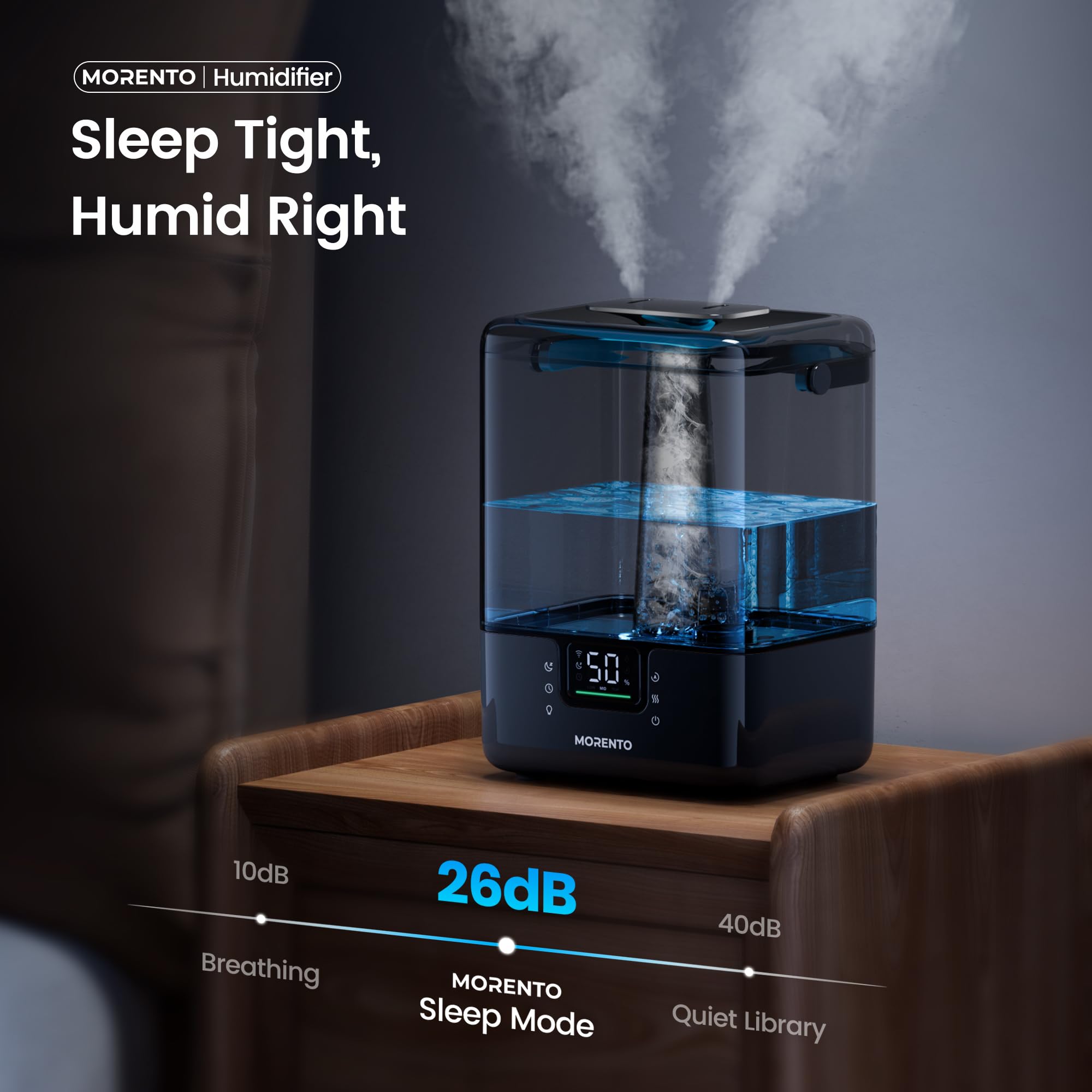MERONTE Smart Humidifiers for Bedroom Large Room Home, 6L Cool Mist Top Fill Humidifier with Essential Oil Diffuser, Smart App & Voice Control, for Nursery & Plants, Black, 1 Pack + 7 Color NightLight