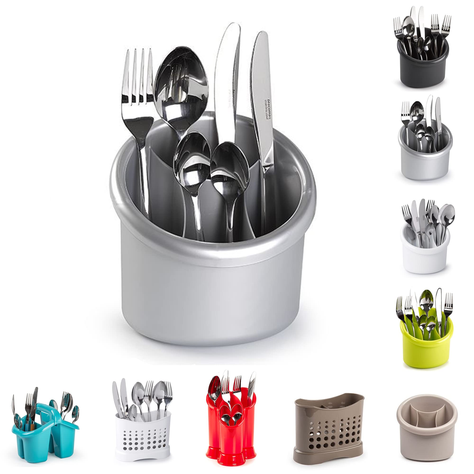 4 Compartment Cutlery Drainer Caddy | High Grade Plastic Utensil Holder for Kitchen | Cleaning Tools Organizer for Home & Kitchen (Silver - D3)