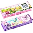 Henoyso 2 Pcs Multifunctional Pencil Box for Girls Cute Pencil Case Plastic Pencil Case with Calculator and Pencil Sharpener Pencil Pouch Gifts (Flower, Butterfly)