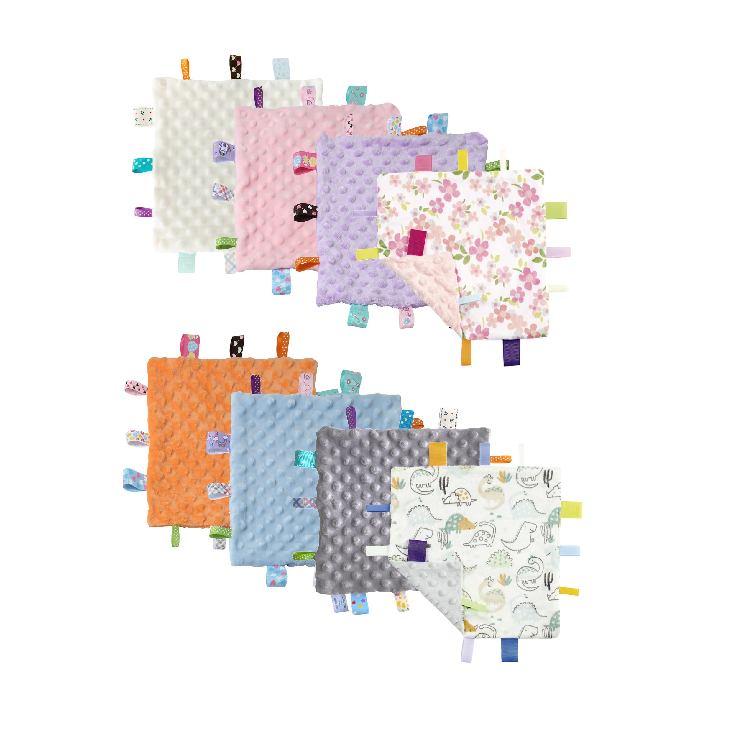 CREVENT Tag Security Blankets for Babies, Soft Small Loveys for Boys, Baby Comforter Sensory Blanket, Great Gifts for Birthday Baby Shower (24X24cm 8 Taggies)