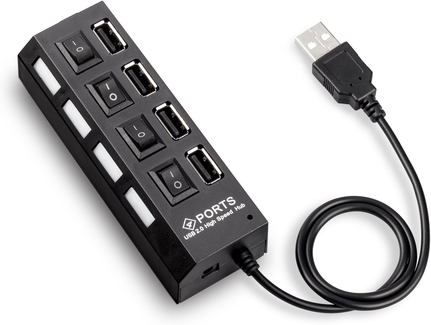 4-Port USB 2.0 Hub, Individual Switches and LEDs USB Connector for Desktop PC Laptop, Black