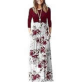WNEEDU Women's 3/4 Sleeve Casual Loose Long Maxi Dresses with Pocket
