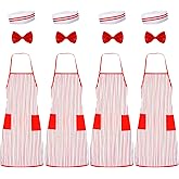 12pcs Waiter Costume Kit, Red White Striped Apron Chef Hat Red Bow Tie 1950s Soda Jerk Costume Carnival Costume for Adult Halloween Christmas Cosplay Party Supplies