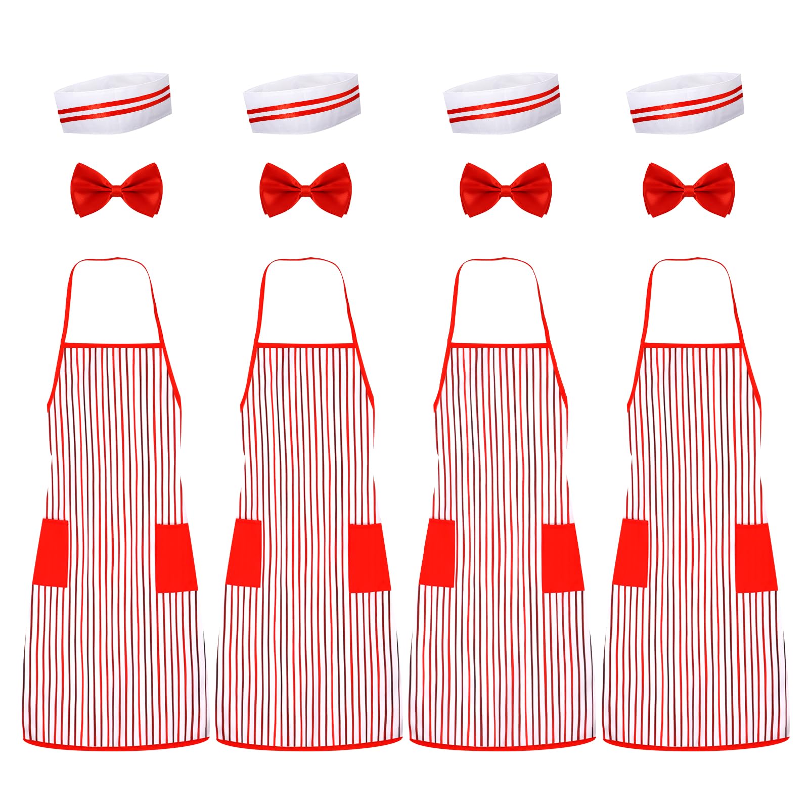 Mikovivi 12pcs Waiter Costume Kit, Red and White Striped Apron Chef Hat Red Bow Tie 1950s Soda Jerk Costume Set Carnival Costume for Adult Halloween Christmas Circus Cosplay Party Supplies