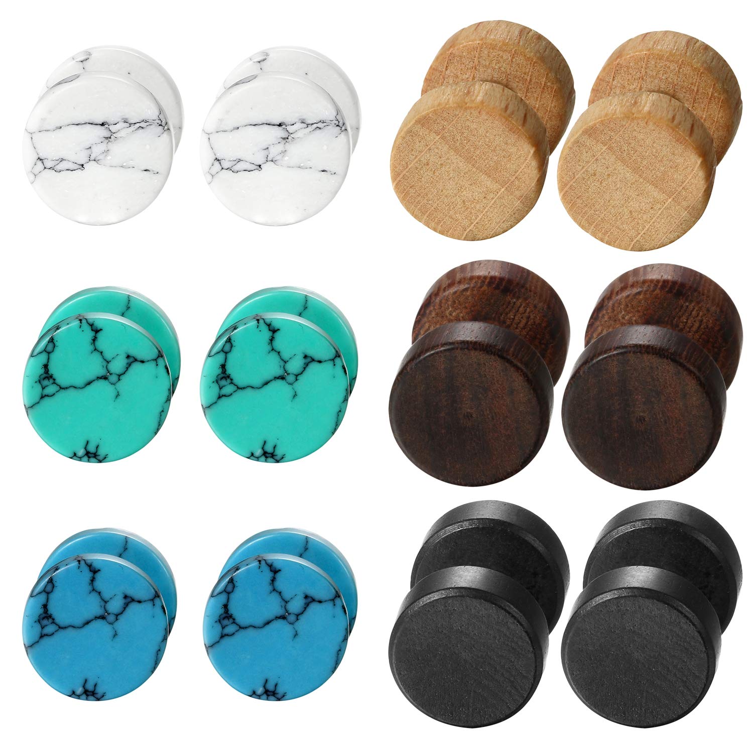 Aroncent 6Pairs Fake Ear Plugs Stud Earrings for Women Men Stainless Steel Wood Stone Stud Earrings