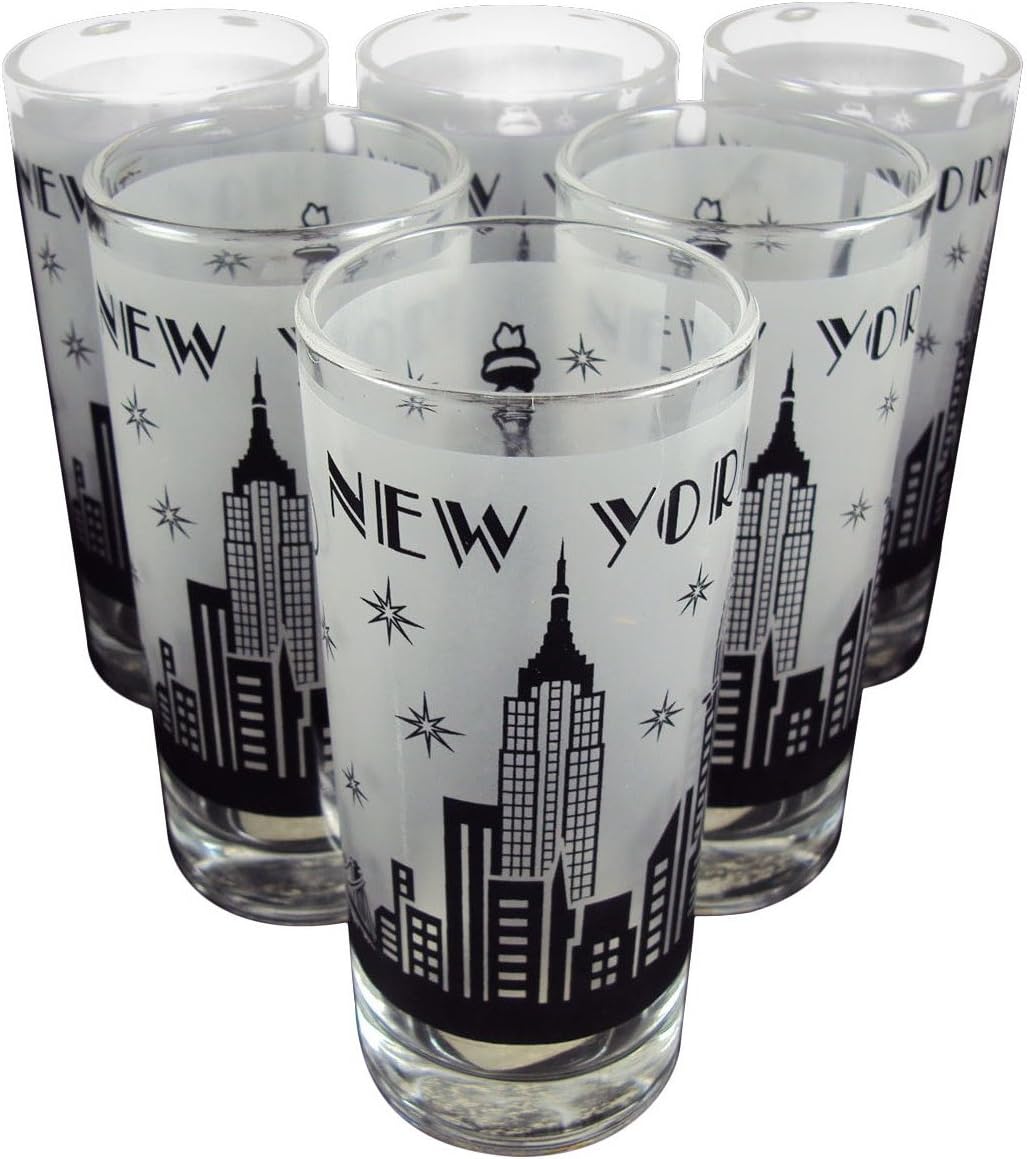Drinking Glasses, 10 Oz, Set of 6, New York City Skyline, Black/white Glassware