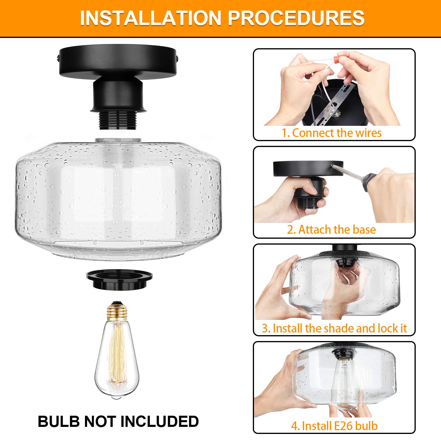 SunRider Industrial Semi-Flush Mount Ceiling Light Fixture, Modern Seeded Glass Pendant Lamp, Black Farmhouse Hanging Lighting for Bedroom Hallway