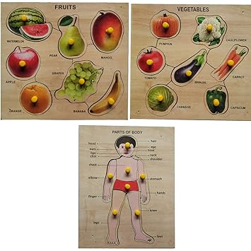 Wissen Wooden Set of Fruits, Vegetables and Parts of Body Learning Puzzle Pack of 3