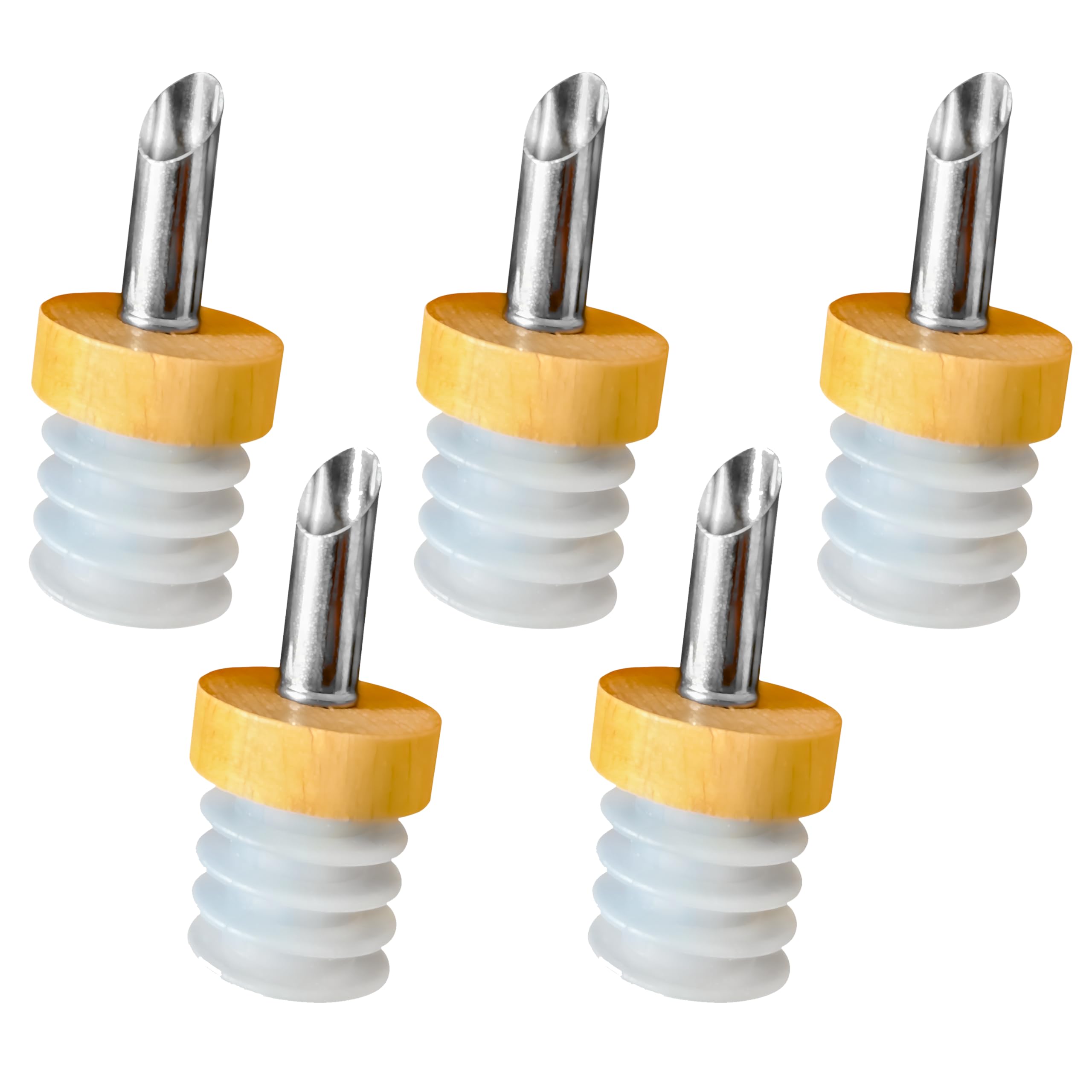 Pourer in Wood and Stainless Steel, Cork Bottle Pourer - Elegant 2cl Oil & Spirits Dispenser - Robust Wine Pourer Vinegar Oil Pourer, Dispenser for Bottles x 5 Set