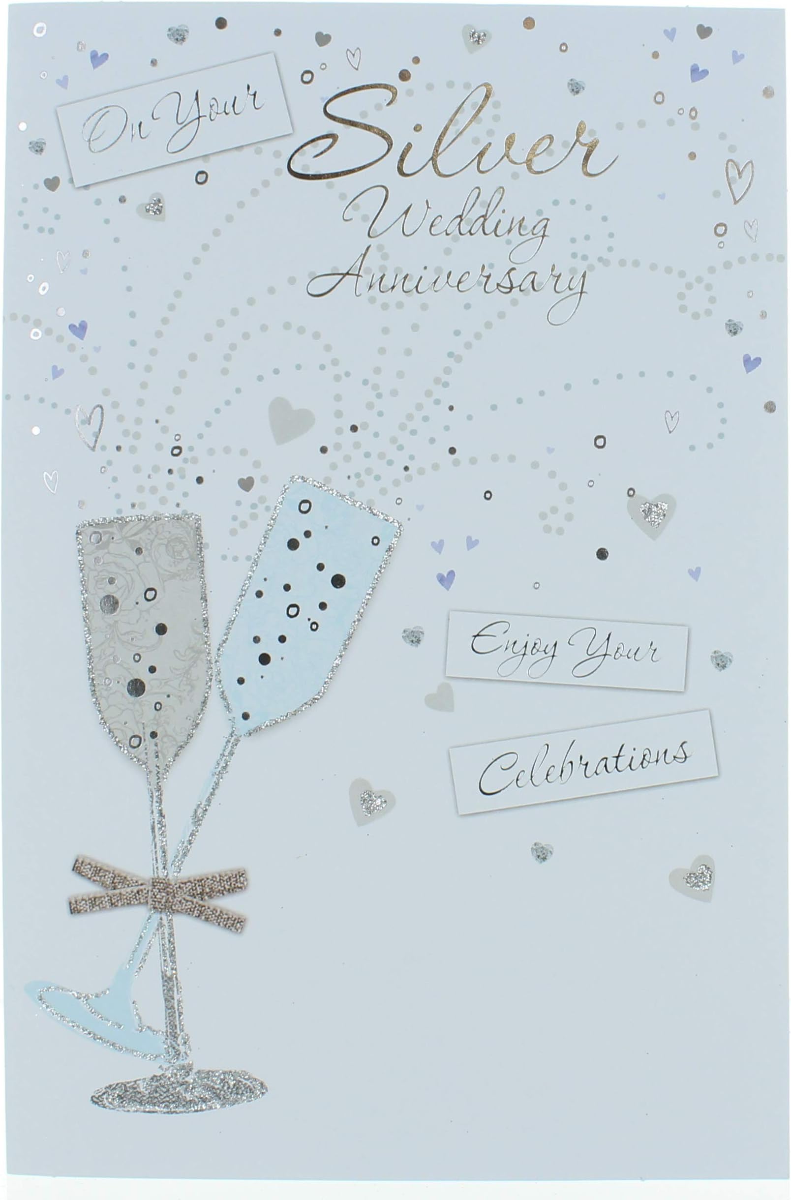 Silver 25th Wedding Anniversary Card - Silver Foiled Hearts 7.75" x 5.25"