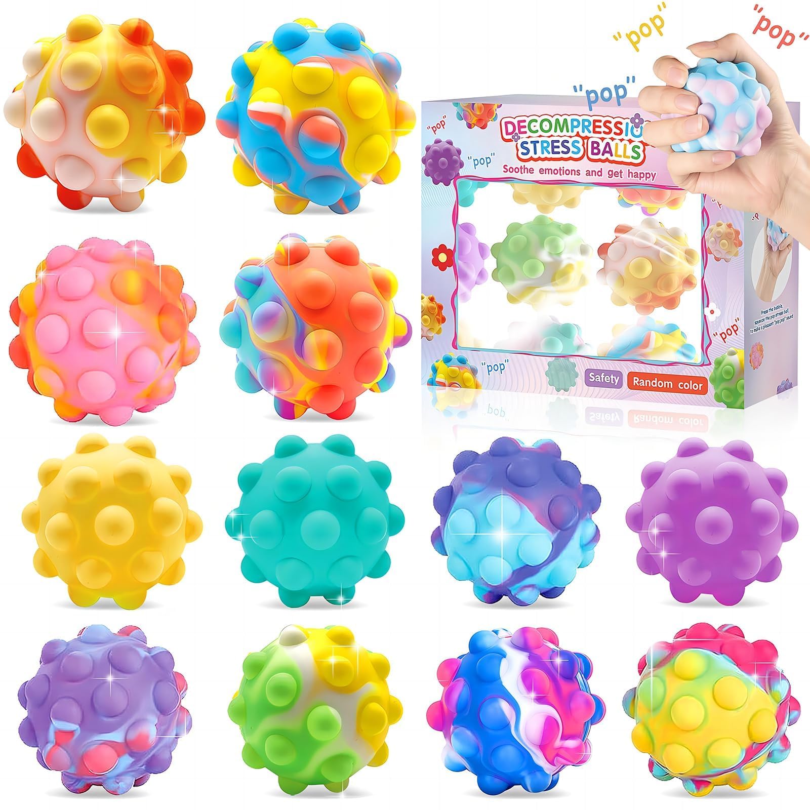 12 Pcs Pop Stress Ball Fidget Toys, 3D Push Bubbles Silicone Bubbles Balls Squeeze Pressure Ball Toy Anti Anxiety Relieve Stress Fit Adults Hand Exercise (Random Color)