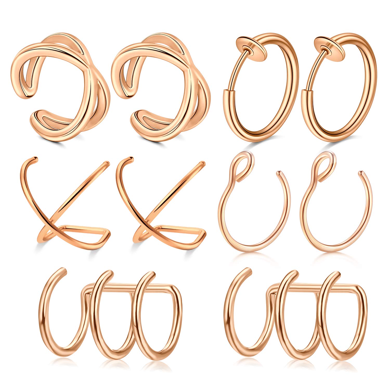 AVYRING Fake Nose Rings Stainless Steel Non- Piercing Ear Cuff Piercing for Women Men Septum Lip Rings 5 Pairs Ear Piercing - Rose gold