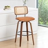 Counter Height Bar Stools, Rattan Swivel Counter Stools with Walnut Finish | Walnut Bentwood Frame, Ergonomic Rattan Back, Natural Curved Wood, Faux Leather Upholstered Seat for Kitchen, Pub, Cafe