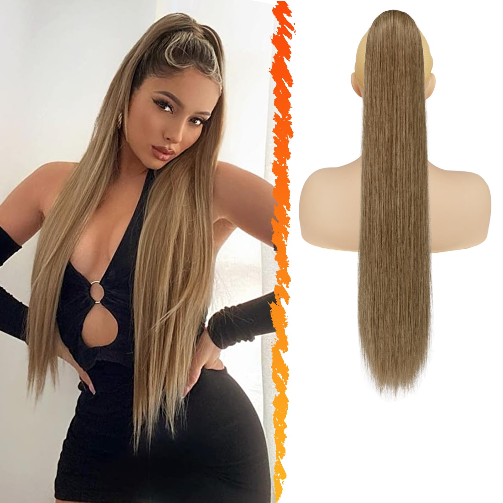BARSDAR Long Straight Ponytail Extension, 26 Inch Drawstring Brown Ponytail Hair Extensions Synthetic Clip in Pony Tails Hairpieces Fake Straight Ponytail for Women Girls Daily- Light Brown Mixed