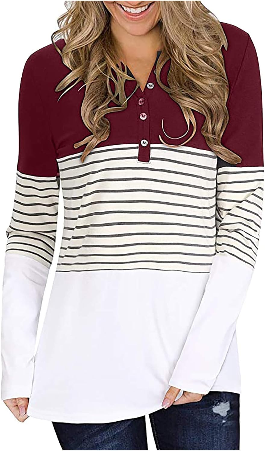 Womens Raglan Long Sleeve Shirt Loose Fitting Tunic Tops Round Neck