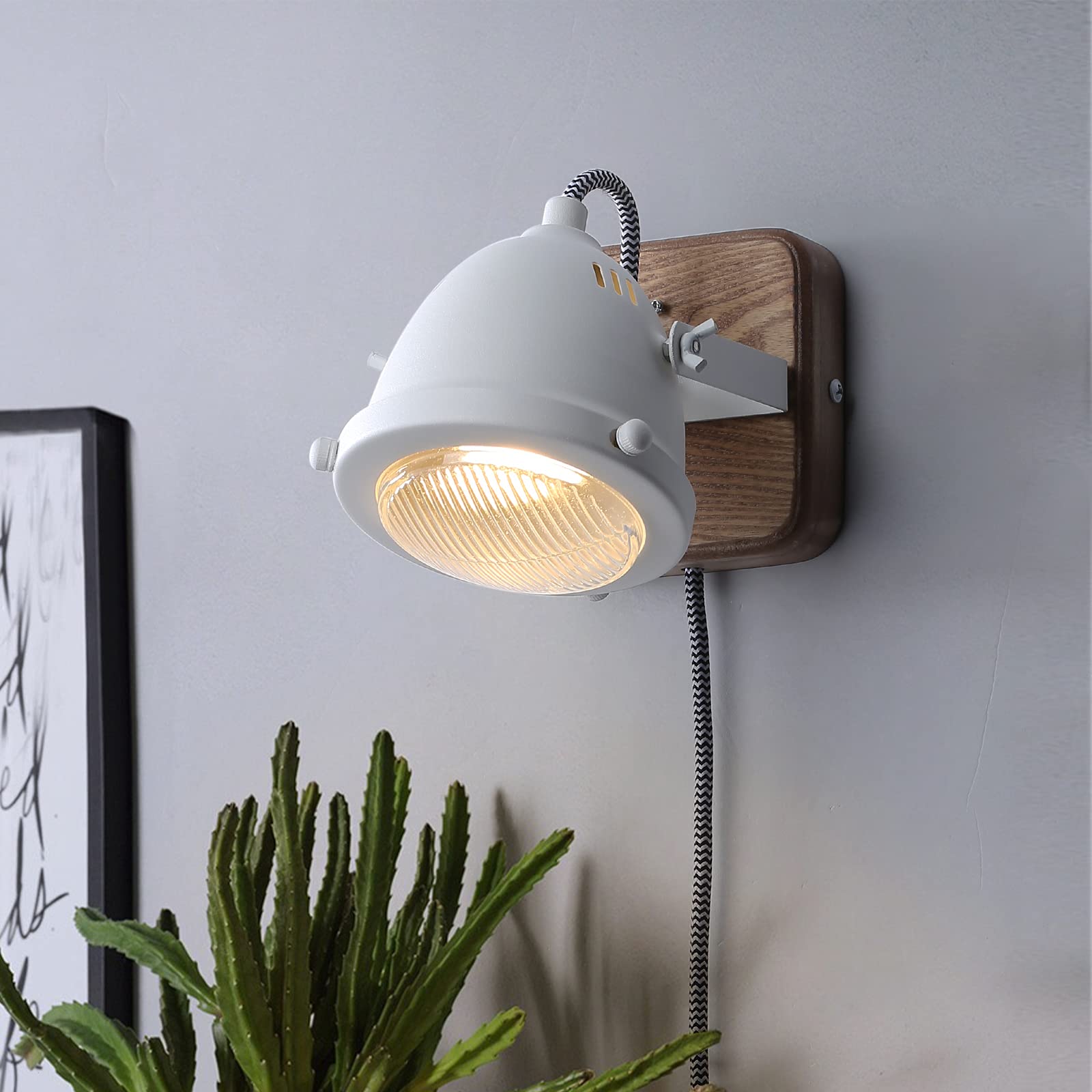 SUNLLOK Modern Plug in White Wood LED Wall Lamp - Vintage Industrial Adjustable GU10 Wall Sconce Fixture with On/Off Switch - Indoor Reading Pendant Light Decoration for Kids Bedroom Living Room