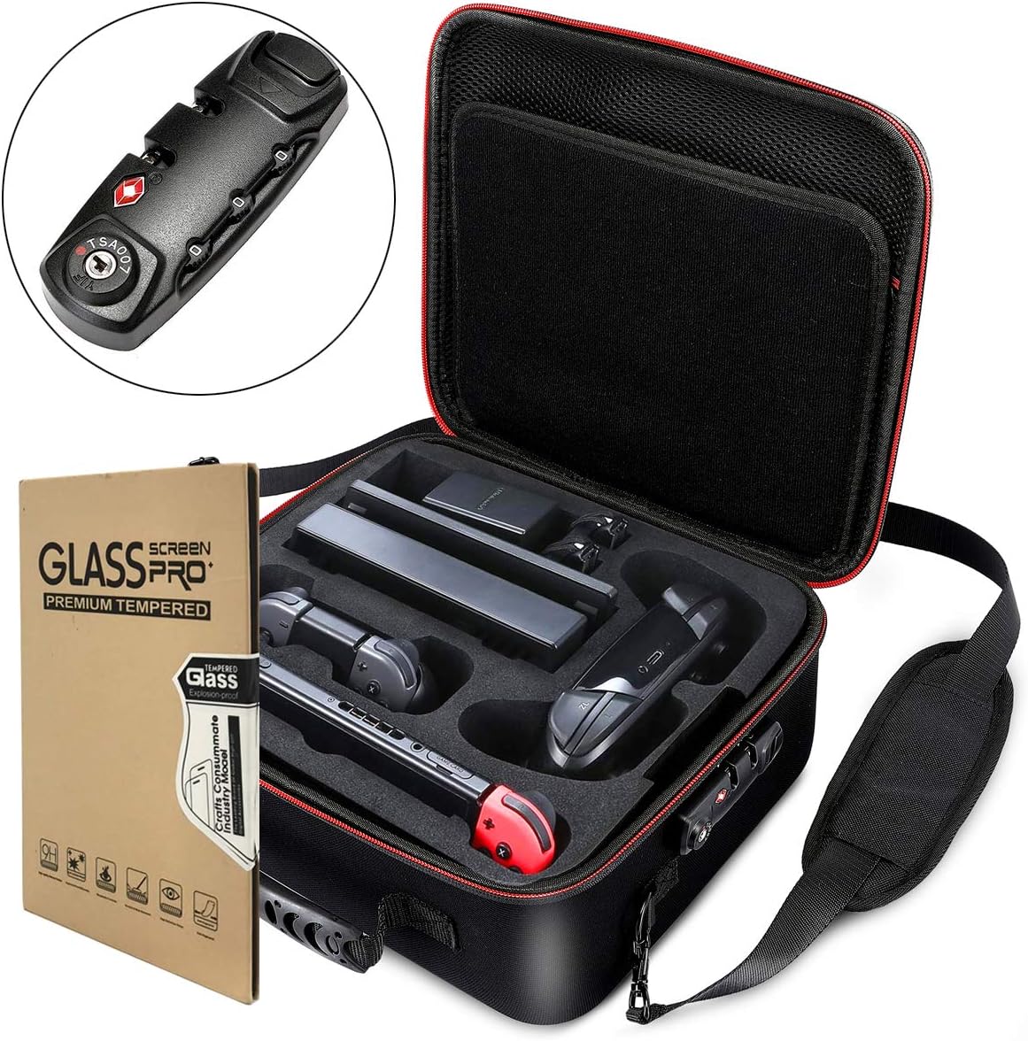 Locking Carry Case for Nintendo Switch Hardshell Deluxe Bag w/Anti-Theft TSA Combination Lock - Include 1 Tempered Glass Screen Protector: Electronics