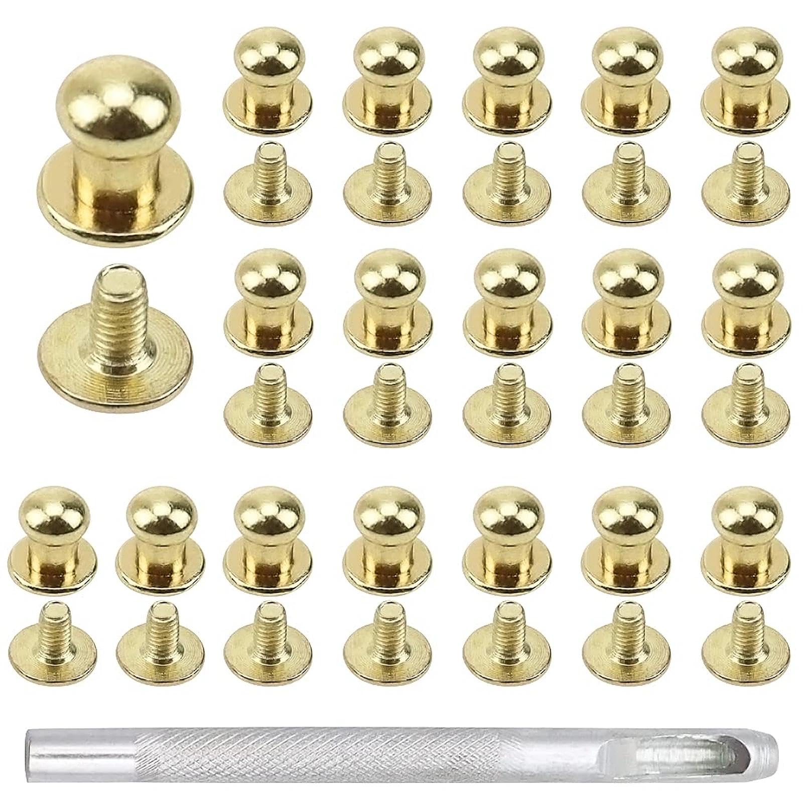 YPLonon 6mm Sam Browne Studs Solid Round Head Button Stud 80PCS Metal Leather Spot Rivets Chicago Screws with Punch Pliers for Leather Craft Belt Wallet Handbag Repairs Decoration - Golden