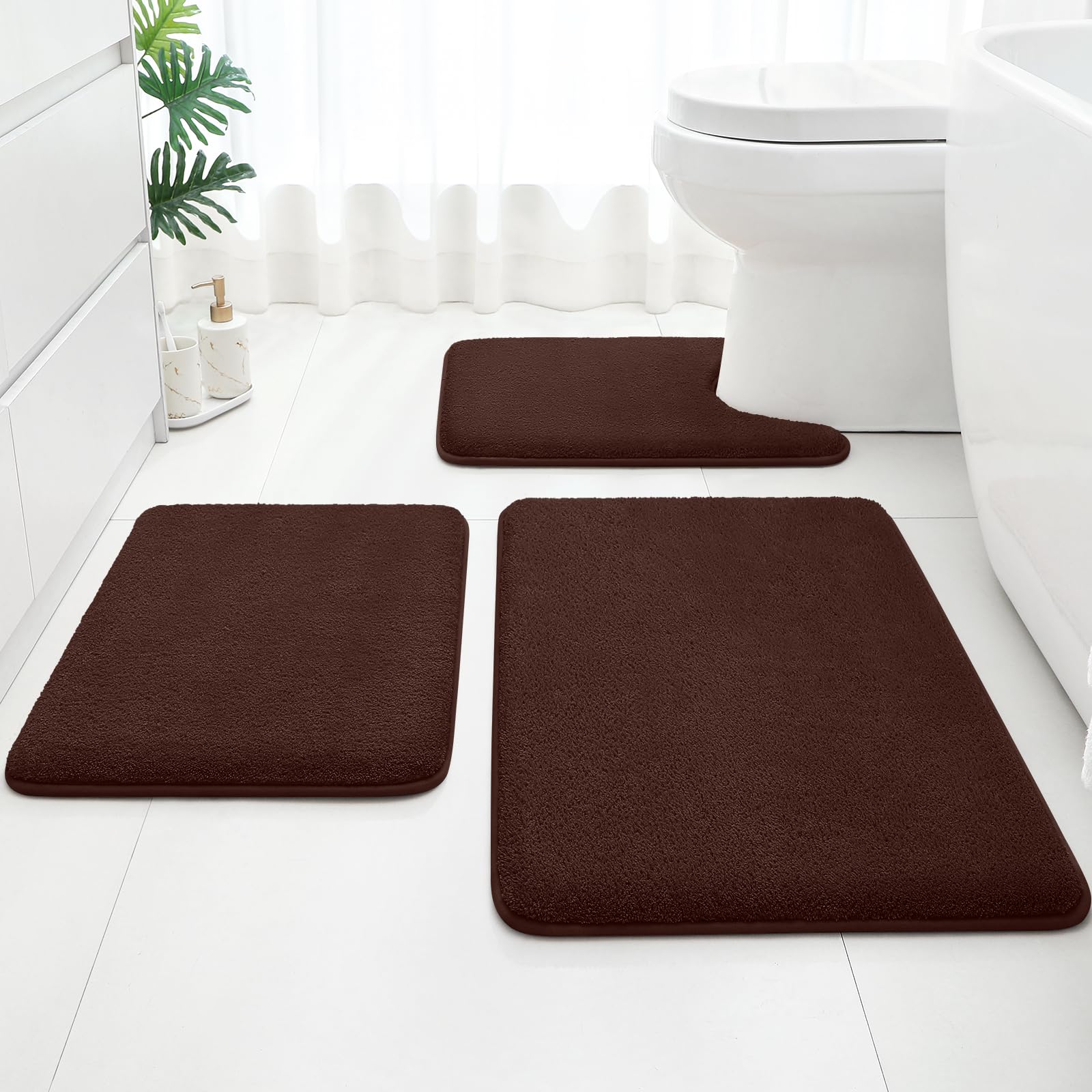 HOMEIDEAS Upgraded Bathroom Rugs Set 3 Piece, Extra Thick Absorbent Soft Memory Foam, Washable Toilet Bath Mat (Brown,17"x24"+20"x32"+U Shape 20"x24")