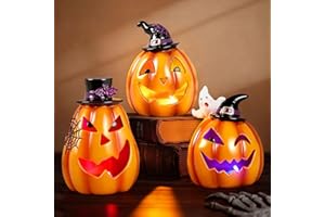 QEQEKAKA Halloween Light Up Pumpkin Decorations 3 Pack Resin Jack O Lantern Figurines - Battery Operated Built-in Colorful LED, for Halloween Indoor Table Decor & Party Birthday Gifts Pumpkin Decor
