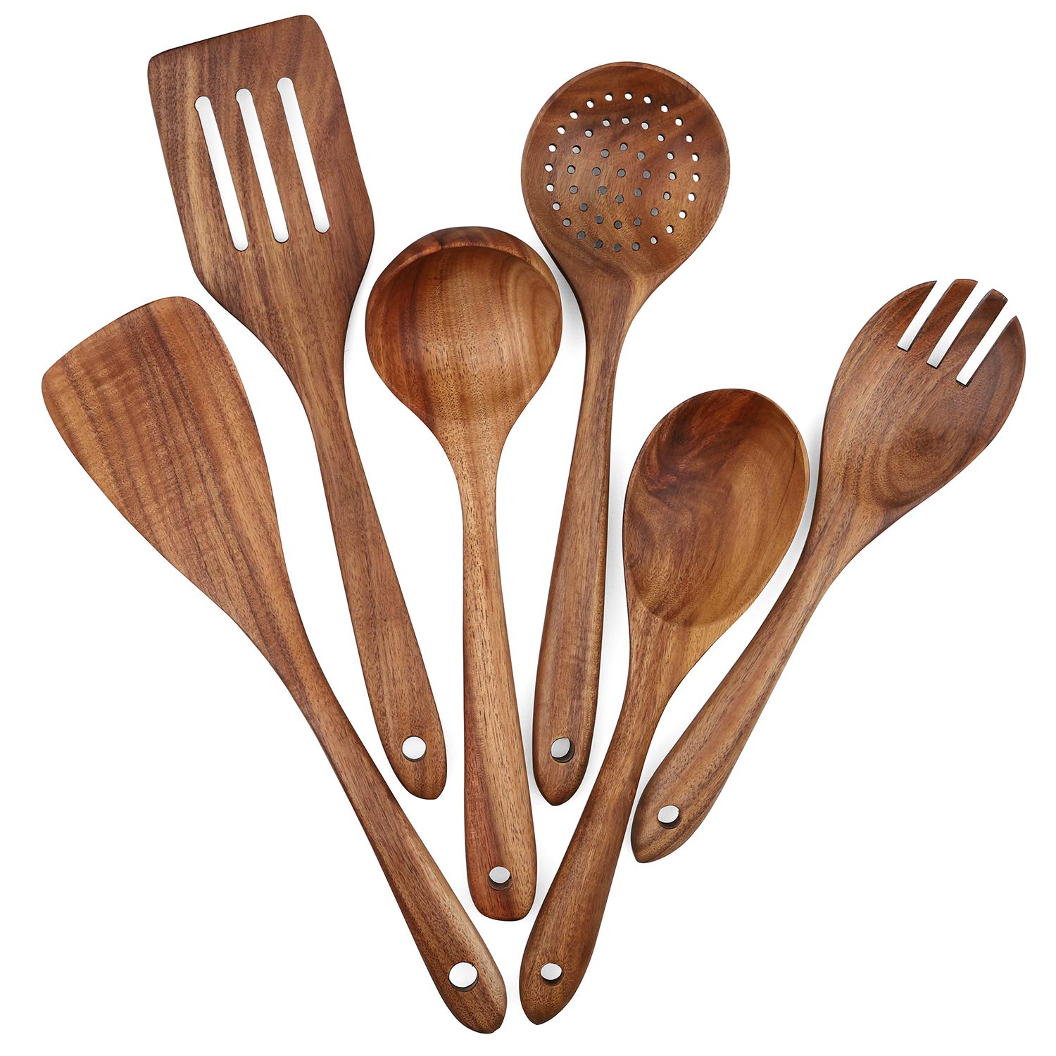 Wooden Cooking Utensils Set 6-Piece Wood Kitchen Utensil Set for Non Stick Cookware Wooden Spatula,Fork,Turner,Ladle,Strainer Spoons (6)