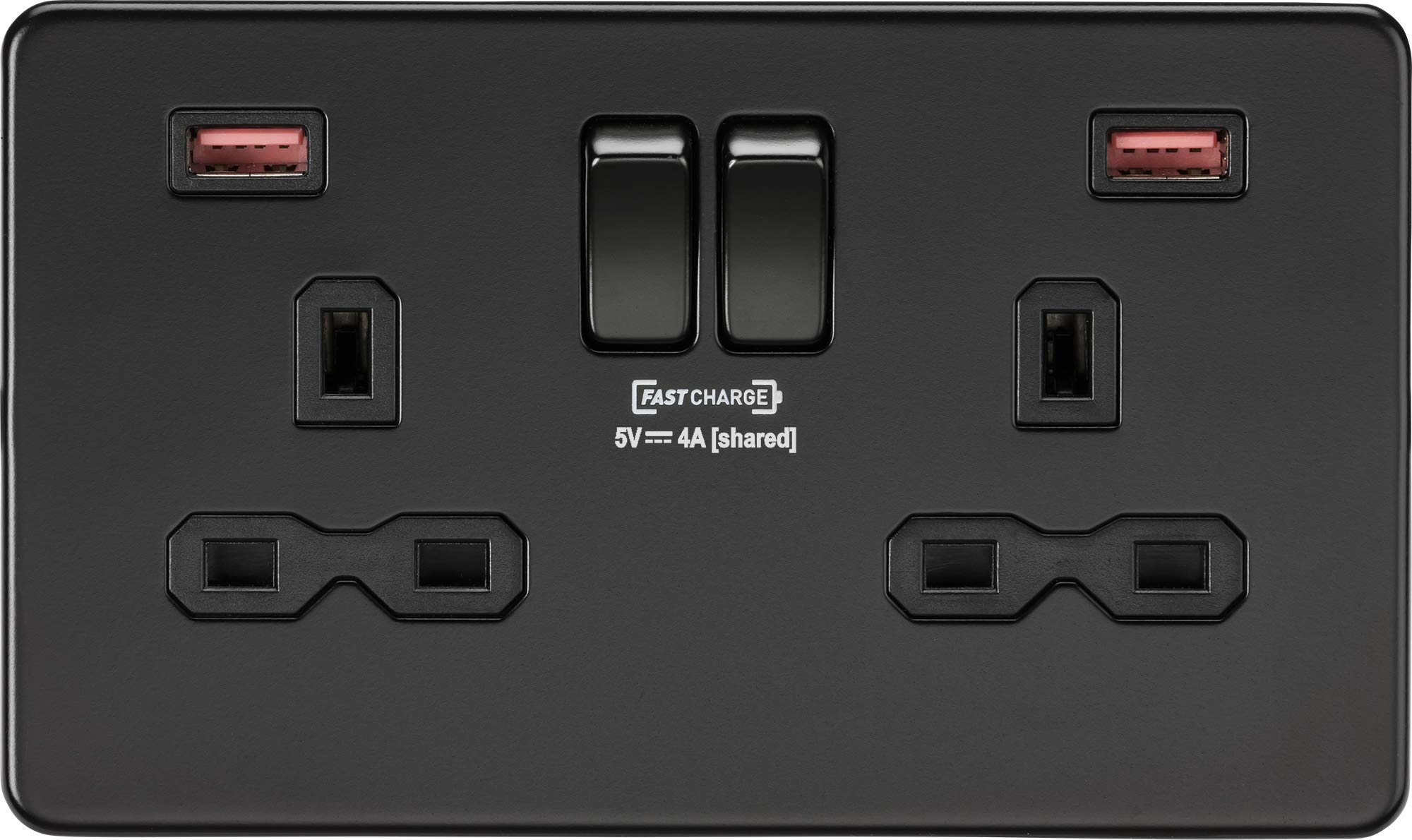 Knightsbridge SFR9908MBB Screwless Twin Switched Socket with Dual Fastcharge USB A+A Ports in Matt Black — image 1