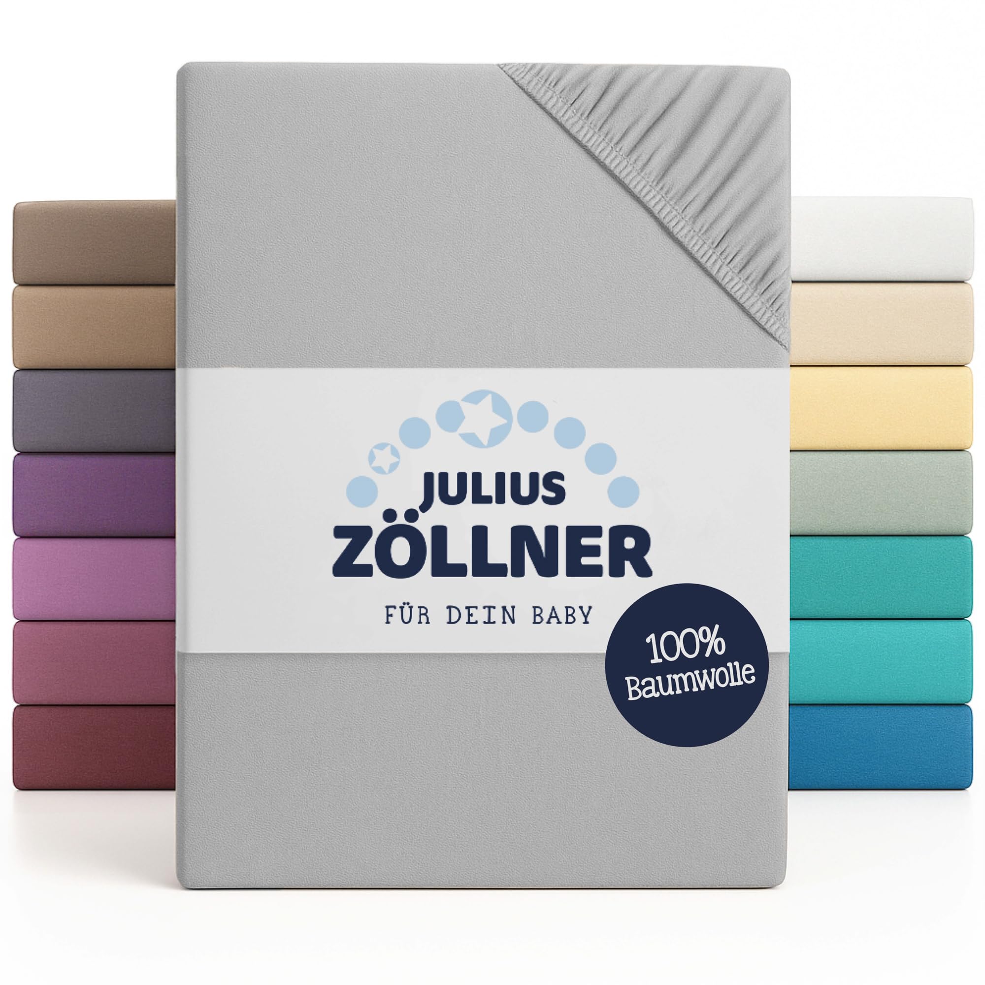 Julius Zöllner Jersey Fitted Sheet for Baby and Cot, 100% Jersey Cotton, Oeko-Tex Standard 100 Certified, Size: 60 x 120 cm / 70 x 140 cm, Pack of 2, Light Grey