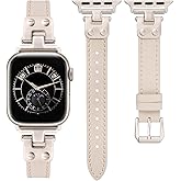 Minyee Slim Leather Band Compatible with Apple Watch Bands 38/40/41/42/44/45/46/49mm Women, Dressy Thin Soft Leather Strap with Tapered Metal Buckle for iWatch Series 11 10 9 8 7 6 5 4 SE/Ultra 3 2 1