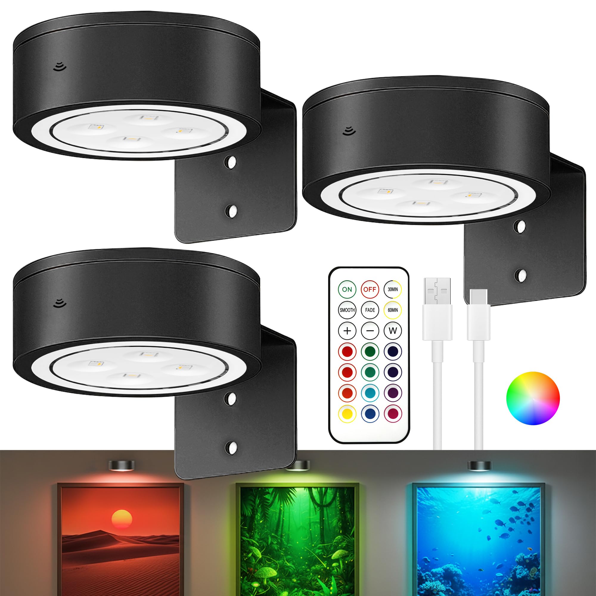 Photo 1 of 3Pack Picture Lights for Wall, RGB Color Changing Led Art Display Light with Rechargeable Battery Operated, Magnetic Painting Light with Remote Control, Wireless Home Wall Decorative Lighting, Black
