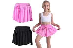 FUNISFUN 2 Pack Girls Athletic Flowy Shorts with Spandex Liner 2-in-1 Kids Butterfly Skirts Shorts for Dancing Running Sports