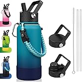 BJPKPK 32oz Insulated Water Bottles with 3 Lids, Paracord Handle & Non-slip Boot, Stainless Steel Metal Water Bottle,Reusable BPA Free Thermal Flasks, Tumblers, Vast