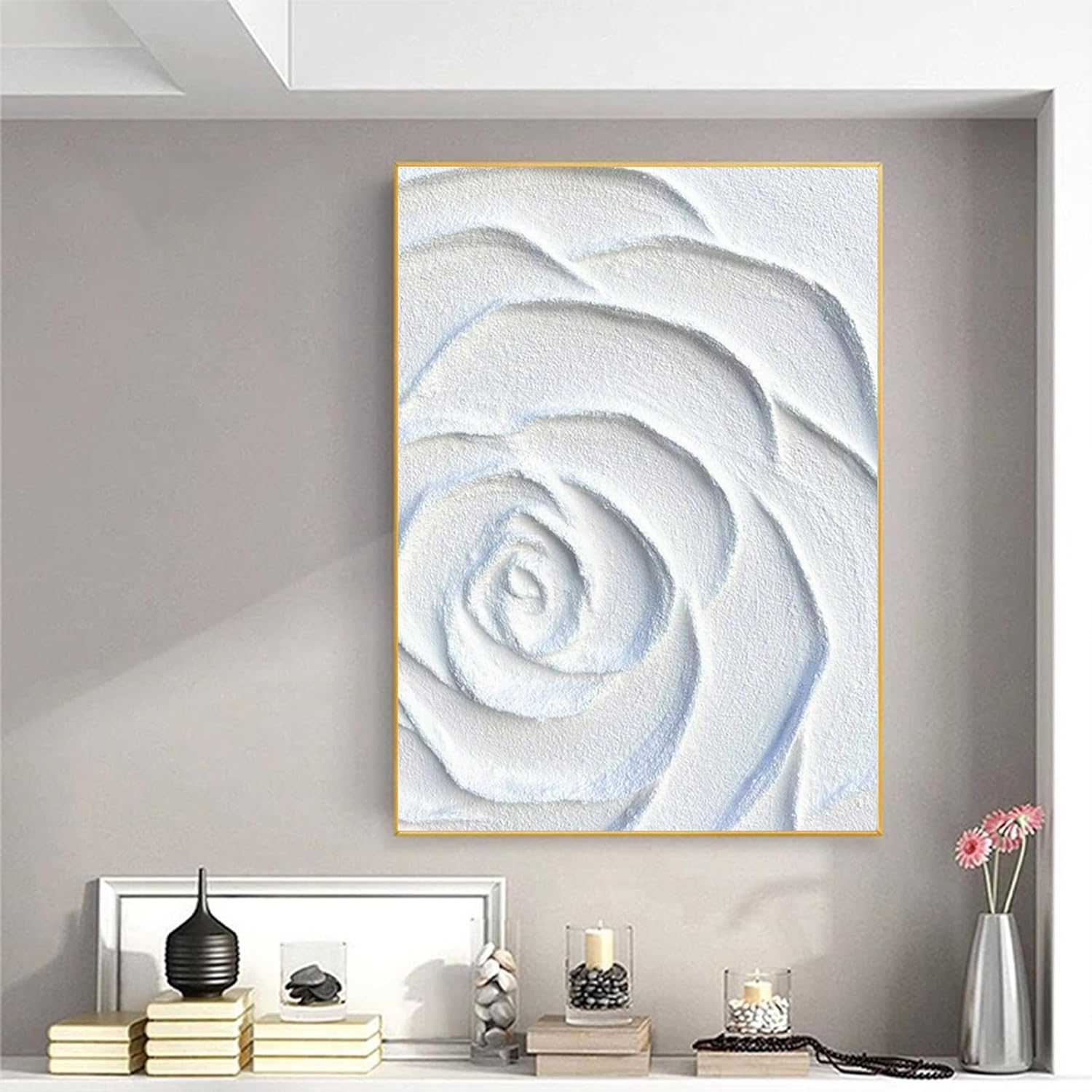 Paintings - White Textured Flower Painting Abstract White Rose Canvas Art White Textured Painting Abstract Rose Artwork Minimalist Floral Wall Art White Rose Painting White Rose Room Decor 16x24inch No Frame