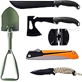 KNINE OUTDOORS Survival Shovel with Axe Set, Fixed Blade Knife, Camping Knife with Rope Handle, Folding Saw, Knife Sheathes, 